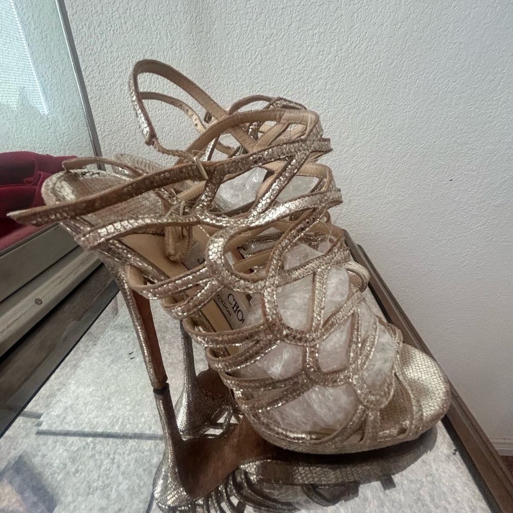 Jimmy Choo Shimmering Gold Metallic python Strappy Heels w/dust bag - Picture 2 of 10